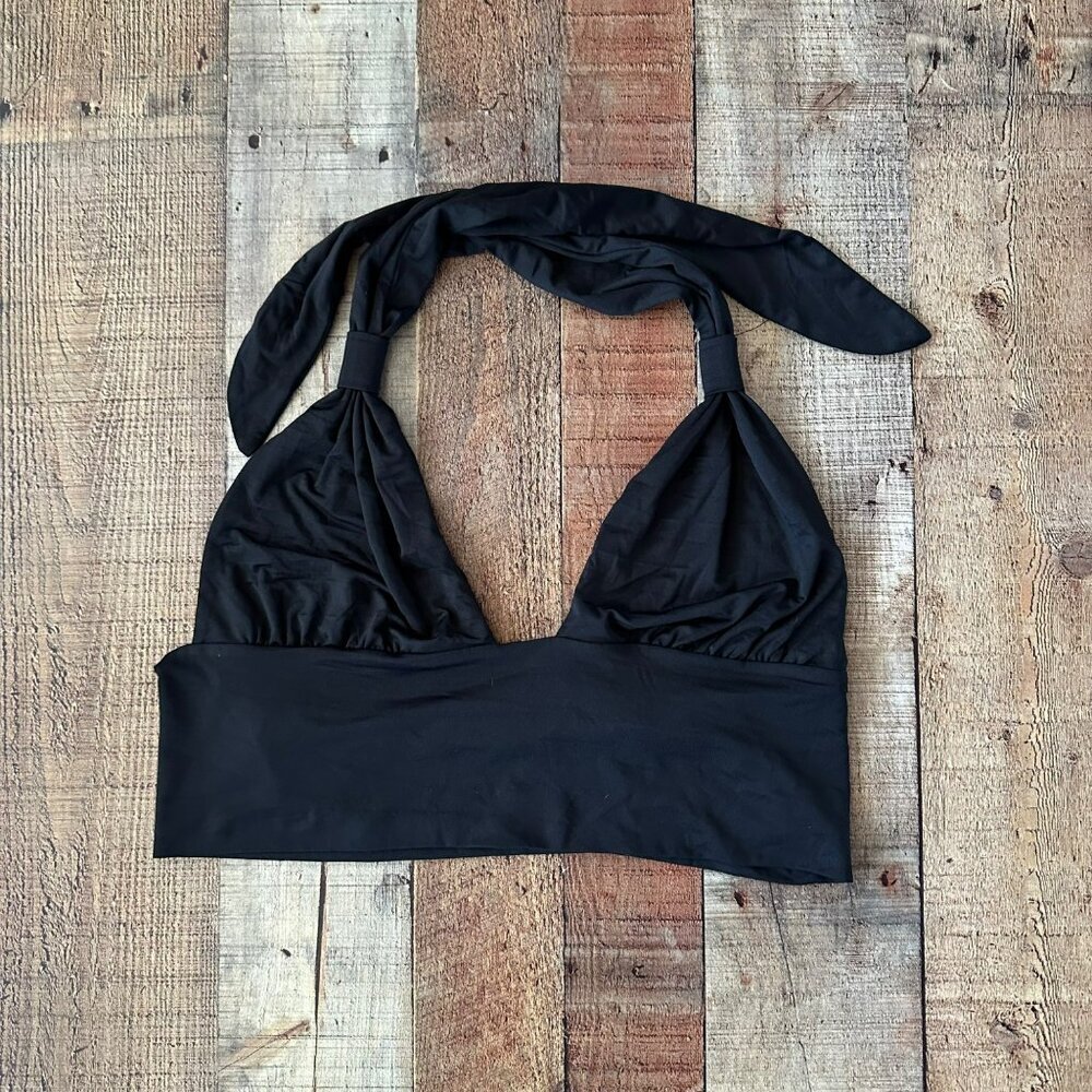 Black Halter Neck Crop Top With Tie Straps For Women - Size Medium